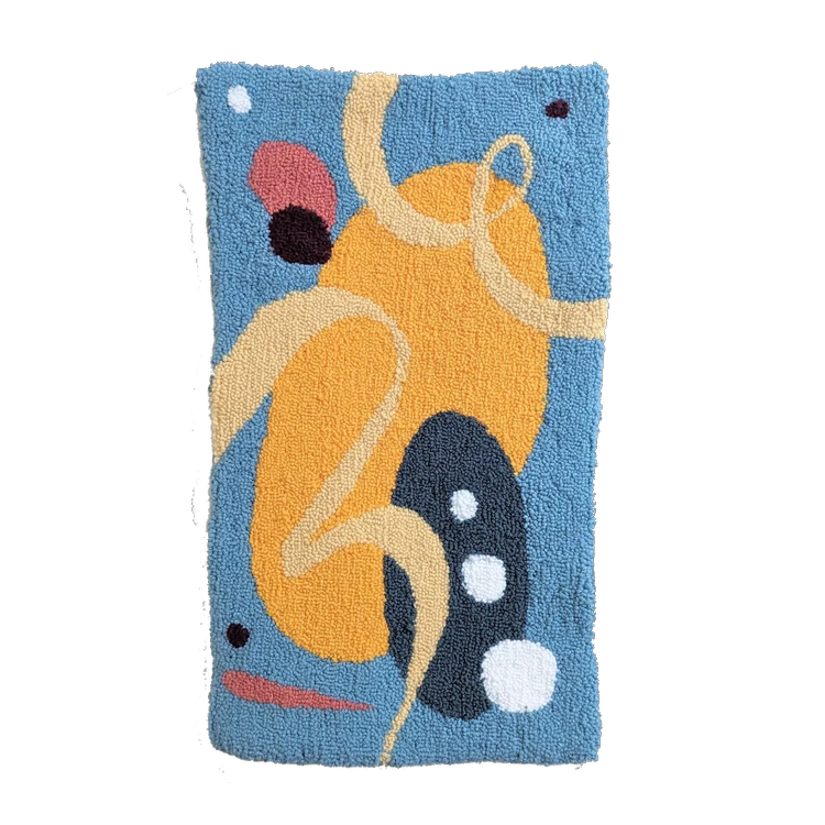 abstract blue &amp; gold commission (2024) 15&quot;×26&quot; hand tufted wall hanging