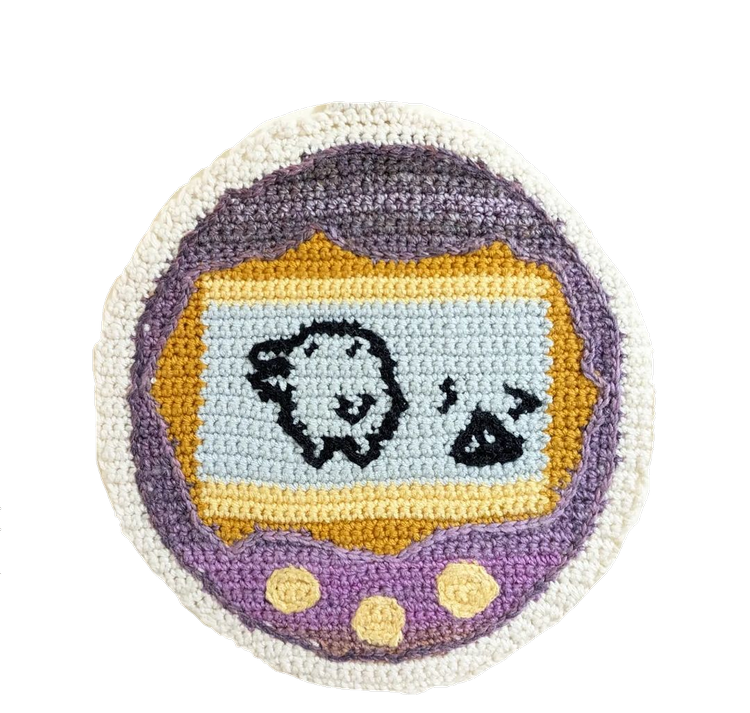 tamagotchi (2024) 12"×12.5" crochet tapestry