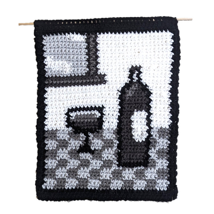 wine still life (2023) 9&quot;×12&quot; crochet tapestry